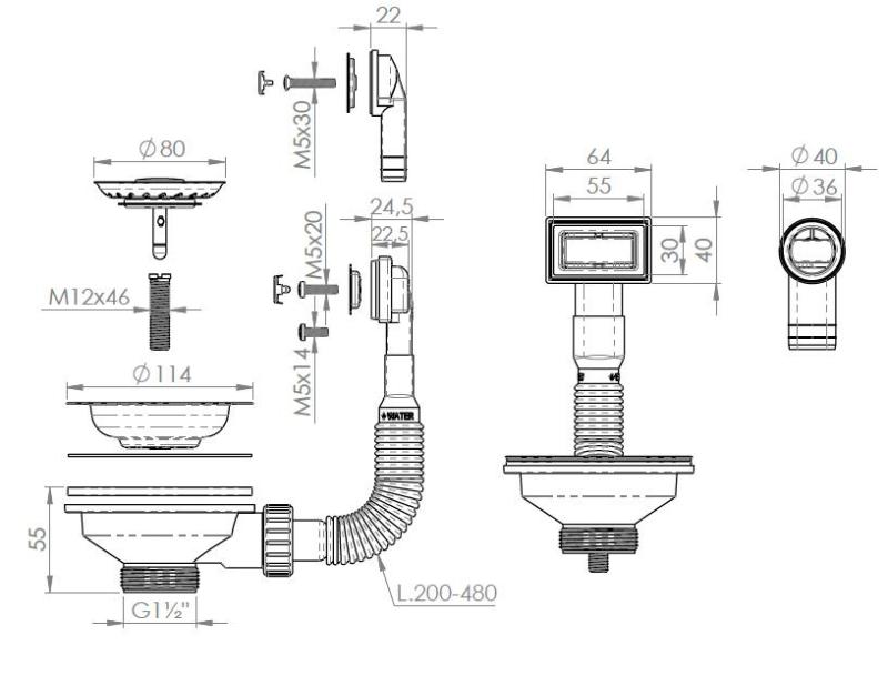 Pure.Sink Universal Sada korbových zátěk Gun metal, odtoková sada pro dřez včetně přepadu kulatého a obdélníkového WSTMAN-61