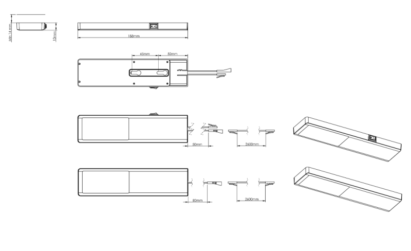 Indux Nivo Kuchyňská sestava LED Set 3x3 W s centrálním spínačem, hliníkový vzhled 1208972334