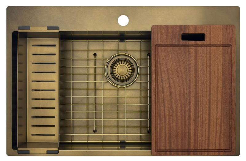 Pure.Sink Luxion Velký PVD antický bronzový dřez 78x50 cm Tapwing s odkapávačem a spodním roštem PLX7850T-64