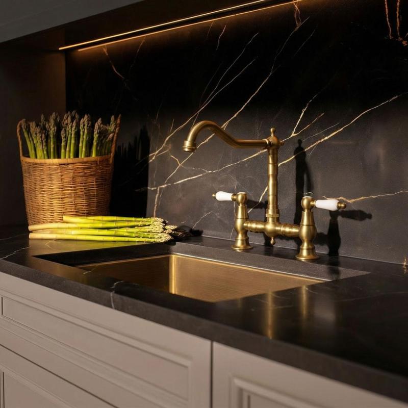 Aquanello Heritage Manor Klasická kuchyňská baterie v nostalgickém stylu s mostovým designem, bronzová s bílou rukojetí BN-0010-HM