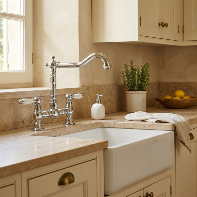 Aquanello Heritage Manor Klasická kuchyně Nostalgický most Kuchyňský kohoutek Chrom s bílou pákou CR-0010-HM