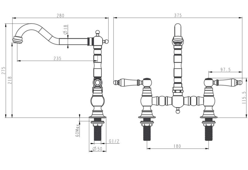 Aquanello Heritage Manor Klasická kuchyňská baterie v nostalgickém stylu s mostovým designem, černá s bílou rukojetí BL-0010-HM