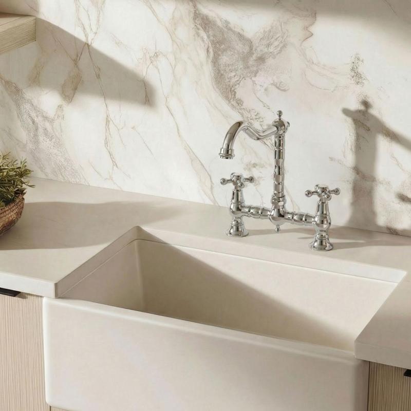 Aquanello Heritage Ascot Klasická kuchyňská baterie Nostalgic Bridge, chromová s křížovými rukojeťmi CR-0011-HA