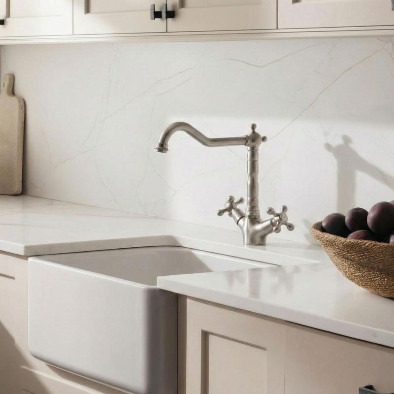 Aquanello Heritage Ascot Klasická kuchyně – nostalgická kuchyňská baterie z nerezové oceli s úhlovým výtokem NB-4002-HA