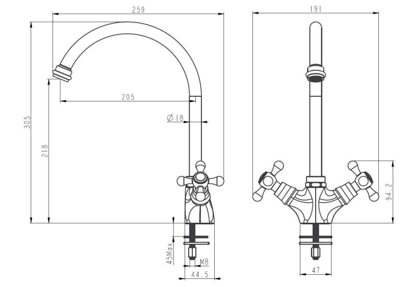 Aquanello Heritage Ascot Klasická kuchyně – nostalgická kuchyňská baterie z nerezové oceli s kulatým výtokem NB-4003-HA