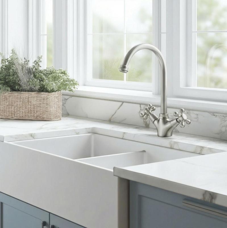 Aquanello Heritage Ascot Klasická kuchyně – nostalgická kuchyňská baterie z nerezové oceli s kulatým výtokem NB-4003-HA