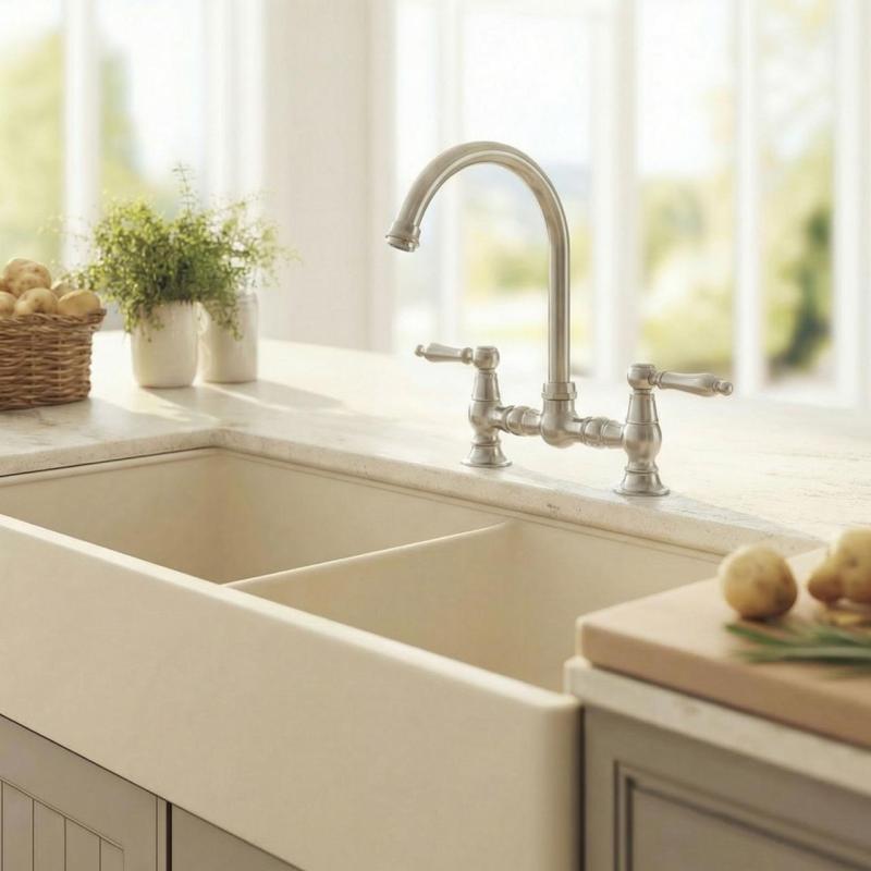 Aquanello Heritage Manor Klasická kuchyňská baterie v nostalgickém stylu s chromovým povrchem, bílou rukojetí a kulatým výtokem CR-4001-HM