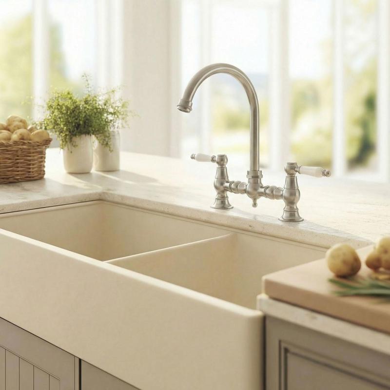 Aquanello Heritage Manor Klasická kuchyně Nostalgický most Kuchyňský kohoutek z nerezové oceli s bílou pákou a kulatým výtokem NB-0011-HM