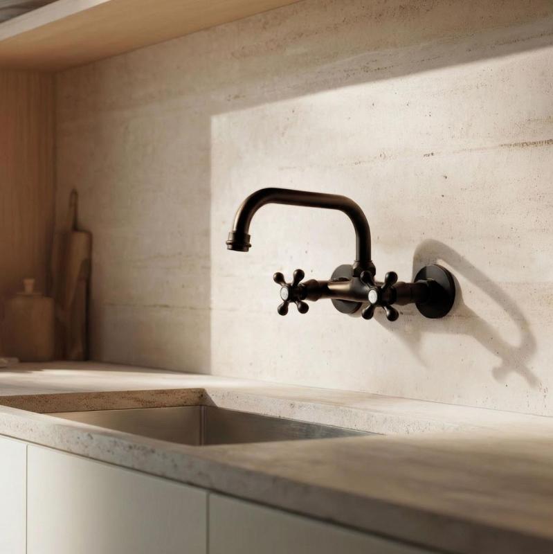 Aquanello Heritage Ascot Klasický kuchyňský nástěnný kohoutek s horním výtokem, černý BL-4110-HA