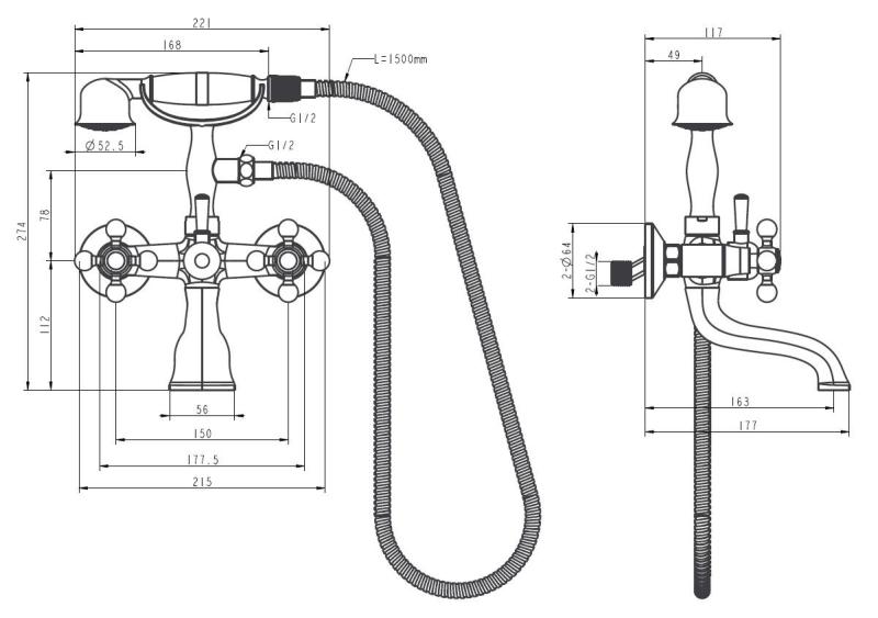 Aquanello Heritage Ascot Klasická nástěnná vanová baterie s hvězdicovými kohoutky z nerezové oceli včetně ruční sprchy NB-3002-HA